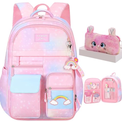 Girls Backpack, School Backpacks Rainbow,Kawaii Kids Backpack,Book Bag for Elementary Primary School With Pen Bag - color: Pink