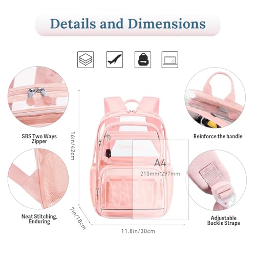 Cusangel Large Clear backpack for Girls women,16in TPU Plastic Bookbag,For Stadium,Concert,school (Pink) - color: Pink-a-16in