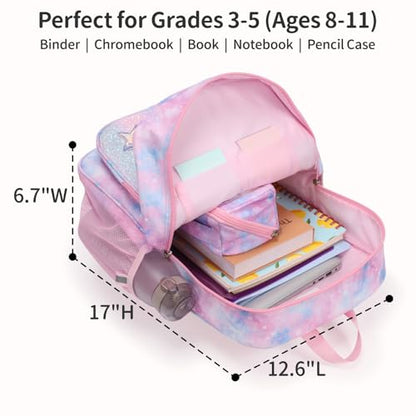 Kids Backpack for Girls - 17 Inch Insulated School Bag Ages 8-10 | Elementary Backpack for Grades 3-5, Fits Binder Laptop, Insulated Pocket, Reflective Strips, S-Curve Straps, Pink Tie Dye - color: Pink Tie-dye