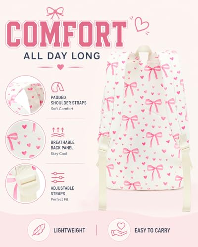 CAMTOP Girls Backpack with Lunch Box Set, Cute Bow School Backpack for Kids, 3-in-1 Lightweight Lunch Bag and Pencil Pouch - color: Beige Pink Heart