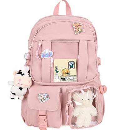 Kawaii Backpack with Cute Bear Plush Kawaii Pin Accessories Large Capacity Aesthetic School Bags Cute Bookbag for Girls Teen Pink - color: Pink