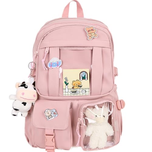 Kawaii Backpack with Cute Bear Plush Kawaii Pin Accessories Large Capacity Aesthetic School Bags Cute Bookbag for Girls Teen Pink - color: Pink
