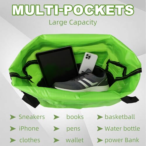 Tygelluis Drawstring Backpack, Waterproof Gym Bag with Water Bottle Pocket for Women Men, Pull String Sport Bag for Swim, Soccer and Basketball,Green - color: Green1
