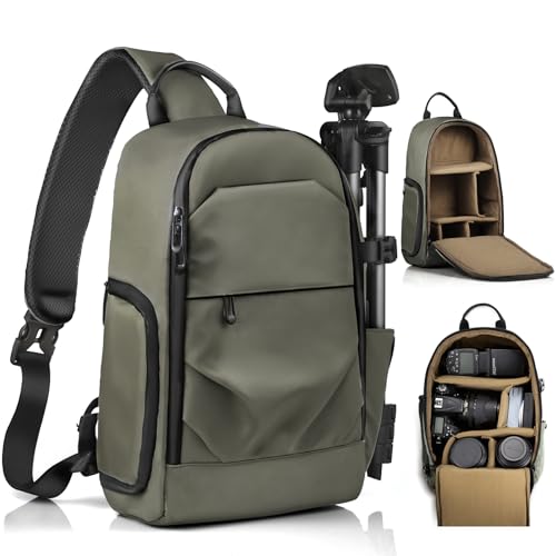 TAAOKA Camera Sling Bag, DSLR/SLR/Mirrorless Camera Backpack Case Shockproof Photography Backpack with Tripod Holder & Removable Modular Inserts Compatible with Canon/Nikon/Sony/Fuji - color: Green, size: Medium 9.06 x 5.12 x 15.16 inches