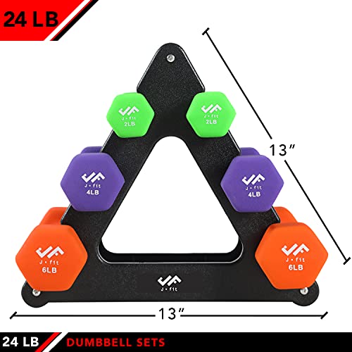 JFIT Dumbbell Pairs or Sets – Neoprene & Vinyl Coated Hand Weights for Home Gym, Strength Training, Aerobics, Cardio Exercise and Fitness - size: 24 lbs (Set), style: Dumbbell Set with Rack