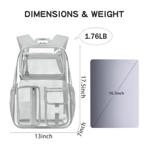 Cusangel Heavy Duty Clear Backpack,17.5 x13 x7inch TPU XLarge Capacity See Through Backpack for Sport Events,Travel (Grey 17.5in) - color: Grey-17.5in