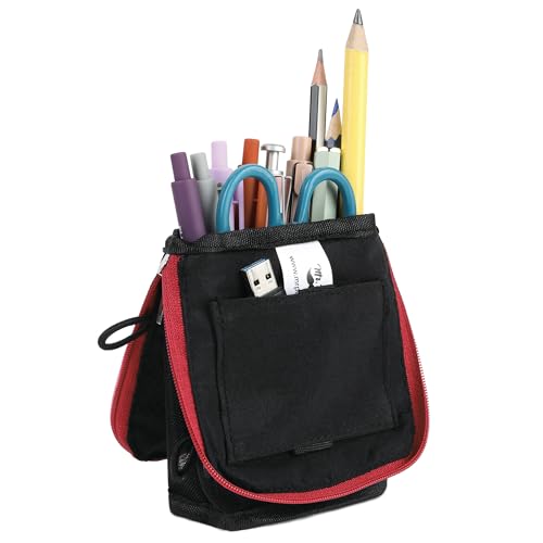 Mr. Pen- Standing Pencil Case Pouch, Sit & Lay Mesh-View Design, Black with Red Zipper, Interior Pocket & 2 Elastic Binder Loops, Cute Pencil Case for Girls and Boys - color: Black with Red Zipper