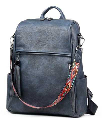FADEON Womens Backpack Purse Large Designer PU Leather Laptop Backpacks, Ladies Computer Shoulder Bags (2 Dark Blue Retro Style, Medium (14-in Height)) - color: 2 Dark Blue Retro Style, size: Medium (14-in Height)
