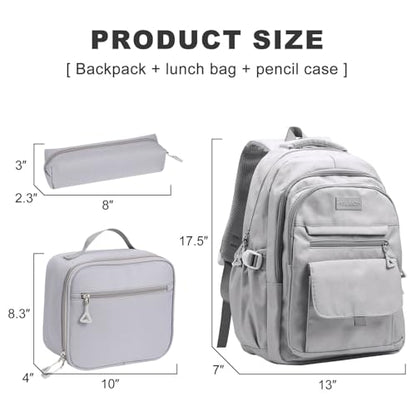 Phaoullzon Teen Girls School Backpack with Lunch Box for Boys, College Aesthetic Laptop Bookbag for Women,Grey - color: Grey