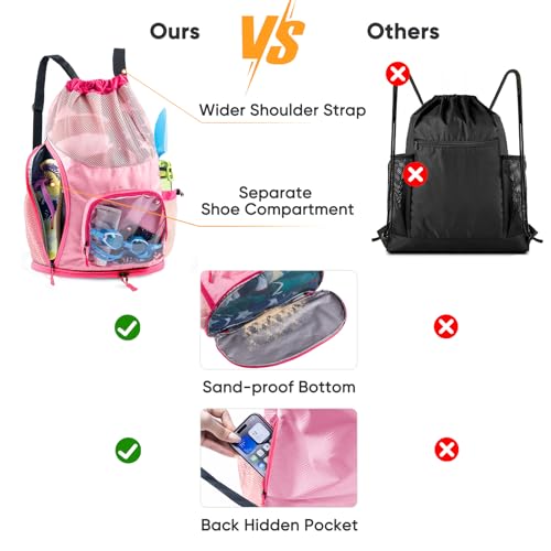 Mesh Drawstring Backpack with Shoe Compartment, Sandproof Beach Swim Bag with Wet Pocket, Pool Gym Shower Bag for Travel Summer Camp - color: Pink, style: Style a