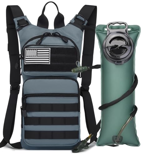 Insulated Water Hydration Pack Bag with 3L TPU Bladder Tactical Molle Hydration Backpack for Hiking Cycling Running - color: Grey Gray