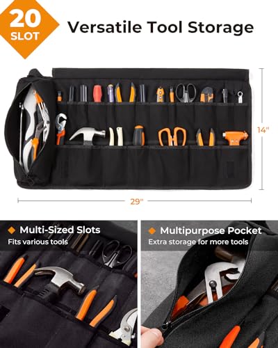 Foxrino Tool Roll For Men, Heavy Duty Tool Roll Bag Organizer, Roll Up Tool Pouch with 20 + 1 Pocket, Perfect Gifts for Men Father Dad Mechanic, Black - color: Black