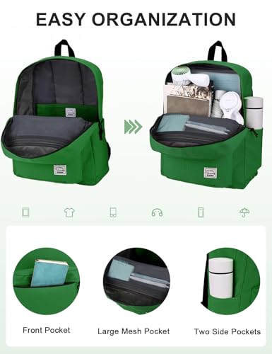 VASCHY Lightweight Backpack for School, Classic Basic Water Resistant Casual Daypack for Travel with Bottle Side Pockets (Green) - color: 16-green