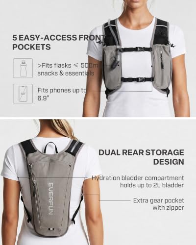 EVERFUN Hydration Backpack Running Vest Small Hiking Water Backpack with 1.5L Water Bladder for Women Men, Lightweight Reflective Phone Holder Hydro Pack for Trail Running, Biking, Race, Marathons - style: Sand