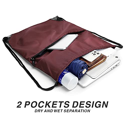 Drawstring Backpack Sports Water Resistant String Bag Sport Gym Sackpack for Women Men Large with Zipper, Burgundy - color: Burgundy
