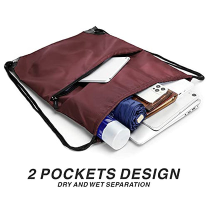 Drawstring Backpack Sports Water Resistant String Bag Sport Gym Sackpack for Women Men Large with Zipper, Burgundy - color: Burgundy