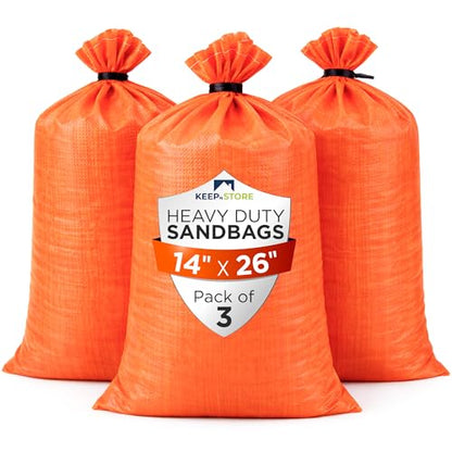 Heavy Duty Sand Bags Pack of 3, Bright Orange Empty Sandbags with Built-In Ties, Woven Polypropylene UV Protection 1600 Hours, Fillable Bags for Flood Control, Weight, 14x26 inches, 50 Pounds Volume - size: 14"W x 26"L, style: Pack of 3