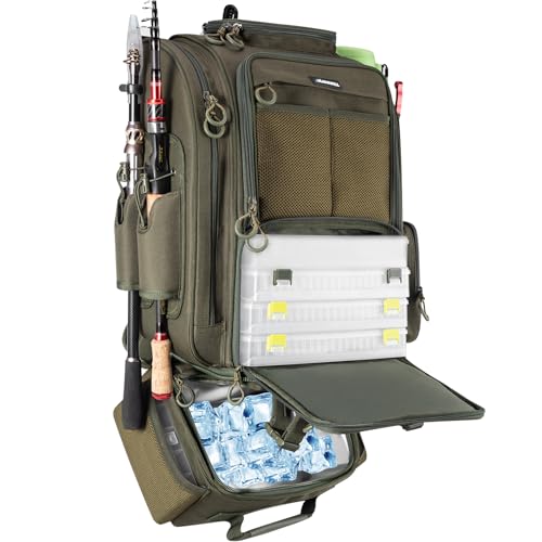 BLISSWILL Large Fishing Backpack with Cooler for 3 Tackle Boxes - Fishing Bag with Rod Holders for Camping and Hiking - color: Army Green