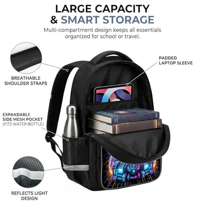 Galaxy Space Car Backpack for Kids, 3D Reflective Spaceship Rainbow Universe Planets School Bag with Ergonomic Design, Large Capacity Bookbag for Boys Travel & Back to School, 17 Inch - color: Space Car