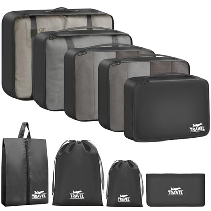 9 Set Packing Cubes for Travel Essentials - Lightweight Carry-On Luggage Organizer Bags with Shoe, Clothes & Laundry Bags for Airplane, Family & Business Travel, Black - color: Black