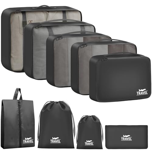 9 Set Packing Cubes for Travel Essentials - Lightweight Carry-On Luggage Organizer Bags with Shoe, Clothes & Laundry Bags for Airplane, Family & Business Travel, Black - color: Black