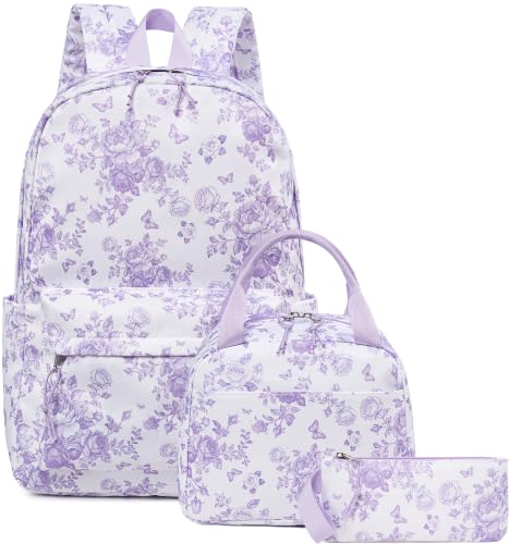 Bluboon Teens Backpack Set Girls School Backpack Lunch Box Pencil Bags Student Bookbags 3 in 1 (Purple Floral 277) - color: Purple Floral 277