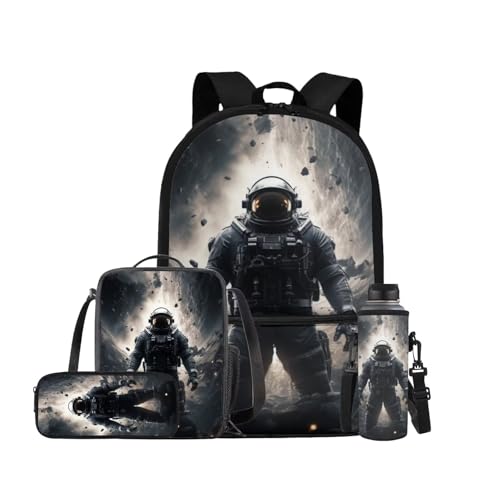 Astronaut Backpack for Kids Boys Backpack with Lunch Box Water Bottle Bag and Soft Pencil Case 4PCS Set Sturdy Lightweight Bookbag with Front Pocket 17" Large Capacity Elementary School Bag - color: Astronaut