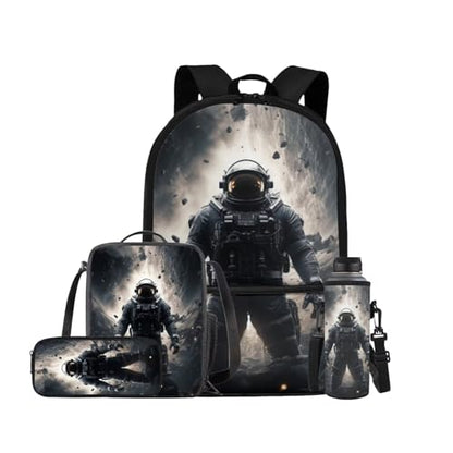 Astronaut Backpack for Kids Boys Backpack with Lunch Box Water Bottle Bag and Soft Pencil Case 4PCS Set Sturdy Lightweight Bookbag with Front Pocket 17" Large Capacity Elementary School Bag - color: Astronaut