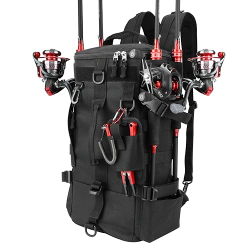 KOMCLUB Fishing Bag Black Fishing Sling Tackle Storage Backpack Outdoor Large Fishing Bag with Waterproof Rain Cover Fishing Gifts for Men - color: Black