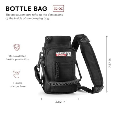 Wild Wolf Outfitters - #1 Best Water Bottle Holder for 32 oz Bottles - Carry, Protect and Insulate Your Flask with This Military Grade Carrier w/ 2 Pockets and an Adjustable Padded Shoulder Strap. - color: Black