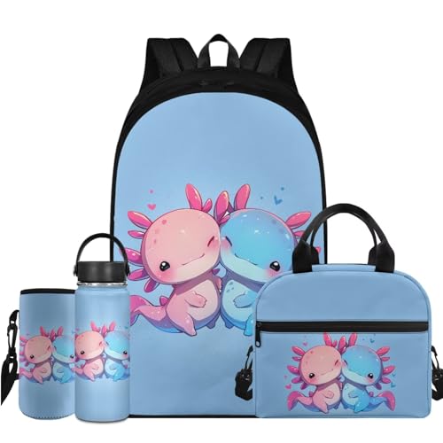 Flashideas Cute Axolotl Backpack for Girls Boys Backpack with Lunch Box 32 oz Water Bottle and Water Bottle Bag 4Pcs Set 17" Bookbag with Compartments for School Sturdy School Bag for Kids Elementary - color: Cute Axolotl-8