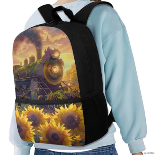 ZDCUSTOM Sunflower Train Backpack with Lunch Box for School, 17 Inch Bookbag Set for Kids School Backpack with Water Bottle Sleeves, Pencil Case Pouch, Keychain, Back to School Supplies - color: Sunflower Train