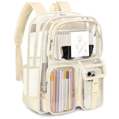 Attmu Clear Backpack for Stadium Events, Heavy Duty PVC Transparent Bookbag with Reinforced Strap, Large Capacity See Through Clear Bag for College Concerts Sport Work Security Travel, Beige - color: Beige