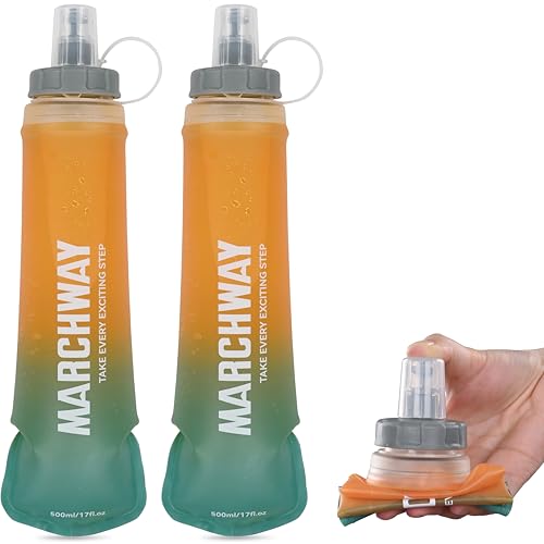 MARCHWAY Soft Hydration Flask with Wide Mouth, 300ml/500ml Collapsible TPU Water Bottle, Leakproof Portable Flexible for Running, Hiking, Cycling, Climbing, Gym, Travel (2pcs Orange-Green 300ml) - color: Orange Green, size: 300ML