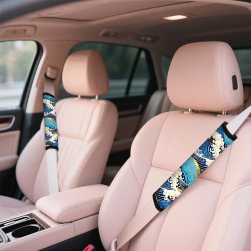 2Pcs Soft Auto Seat Belt Cover Pads, Ocean Wave Car Seatbelt Shoulder Cushion for Comfortable Driving, Compatible with All Cars' Seatbelt and Backpack Straps 11x2.4inch - color: Ocean Wave