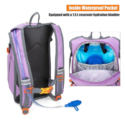 Kids Hydration Backpack, Water Hiking Backpack for Boys or Girls with 1.5L Reservoir Bladder - color: Purple