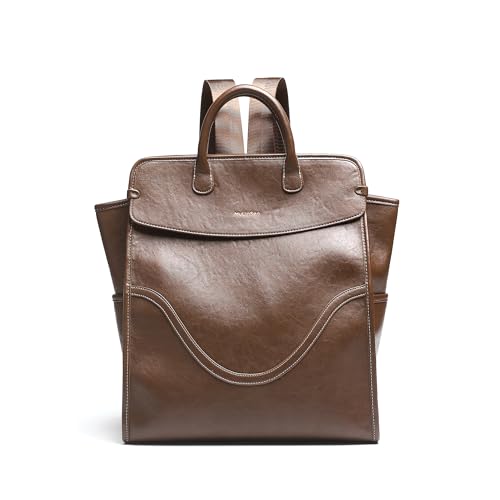Retro Brown Leather Square Flap School Commuter Backpack Handbag for Women