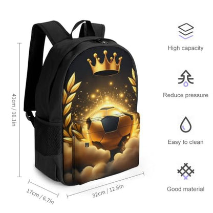 Golden Crown Soccer Backpack, Durable Polyester Daypack with Laptop Compartment, Reinforced Bottom, Adjustable Shoulder Straps And Multi Pockets for Travel And Daily Use - color: Golden Crown Soccer
