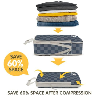 8 Set Compression Packing Cubes for Travel, Lightweight Dual Zipper Packing Cubes, Space-Saving Suitcase Organizer for Travel/Business Trip/Family Vacation (Blue-Gray Checkered) - color: 8 Set Blue-Gray Checkered