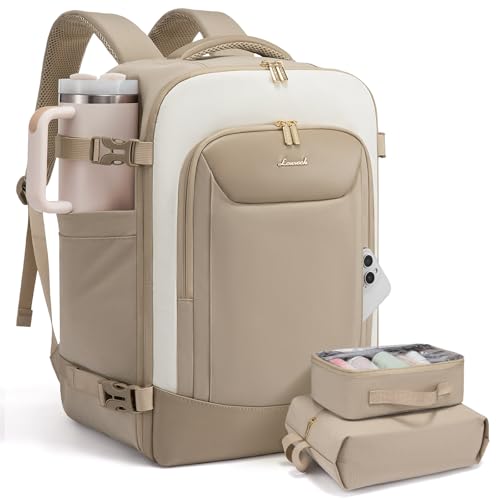 LOVEVOOK 50L Travel Backpack for Women Men, Large Carry on Backpack for Airplanes TSA Personal Item Travel Bag fits 17.3" Laptop, Waterproof Weekender Essentials Airline Approved with 2 Packing Cubes - color: Khaki-beige, size: 50L-3Pcs