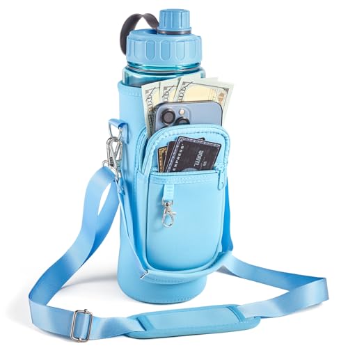 Water Bottle Holder with Strap,Water Bottle Bag,32/40 oz Large Capacity,Adjustable Shoulder Hand Strap,2 Phone Pocket Water Bottle Holder,Water Bottle Accessories for Camping Running Walking - color: Blue, size: 40 OZ