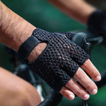 Leather Padded Crochet Back Breathable Fingerless Weight Lifting, Cycling Workout Gloves, Black (Medium)