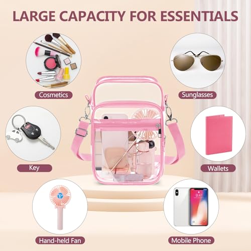 Blvornl Clear Crossbody Bag with Adjustable Shoulder Strap, Stadium Approved PVC Purse Bag, Messenger Bag - color: Pink, size: Large