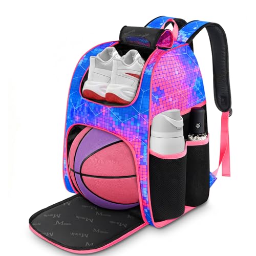 MATEIN Basketball Bag, Sturdy Soccer Bag with Ball Holder & Shoe Compartment, Large Basketball Backpack for Training Equipment, Water Resistant Sports Ball Backpack Fits Volleyball Football, Colorful - color: Pink