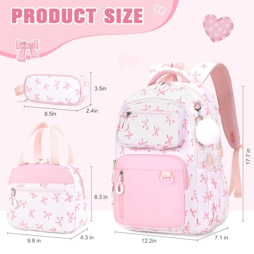 Bevalsa Backpack for Girls 3PCS Teen Girls Pink Bow Backpack for School with Lunch Bag Pencil Case Cute Kids Laptop Backpacks Bookbag for Elementary Middle High School College Student (Bow) - color: Pink Bow