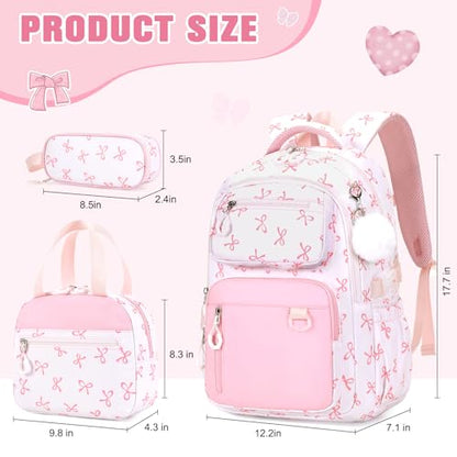 Bevalsa Backpack for Girls 3PCS Teen Girls Pink Bow Backpack for School with Lunch Bag Pencil Case Cute Kids Laptop Backpacks Bookbag for Elementary Middle High School College Student (Bow) - color: Pink Bow