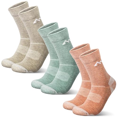 innotree Men's Merino Wool Hiking Socks 3 Pairs, Moisture Wicking Cushioned Breathable Crew Socks for Hiking Walking Trekking - color: Light Green, Beige, Orange Brown, size: Medium
