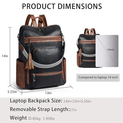 Shrrie Vegan Leather Laptop Backpack for Women 15.6 inch Work Backpack Fashion Travel Backpack Purse for Business College - color: Black With Brown
