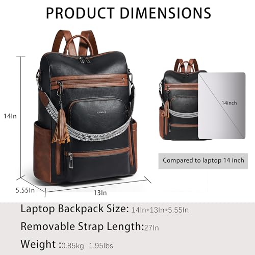 Shrrie Vegan Leather Laptop Backpack for Women 15.6 inch Work Backpack Fashion Travel Backpack Purse for Business College - color: Black With Brown
