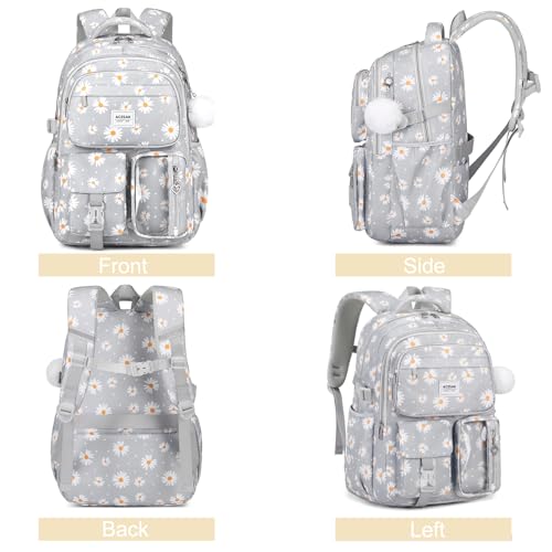 ACESAK Backpack for Girls - Girls Backpack with Lunch Bag & Pencil Pouch for Teen Kids Laptop Backpack for Women, Elementary Middle High School Bookbag Travel Daypack (Gray Daisy) - color: Gray Daisy